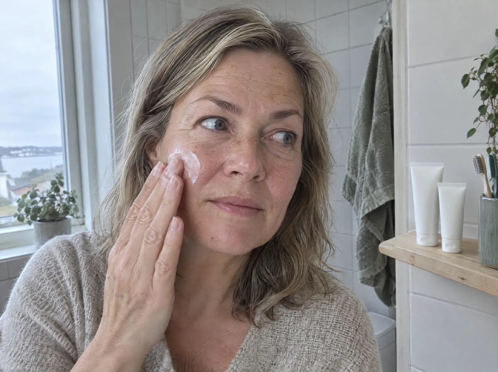 Kvinne i 50-årene smører krem på kinnet på badet en morgen, med to merkeløse tuber på en furuhylle ved siden av.