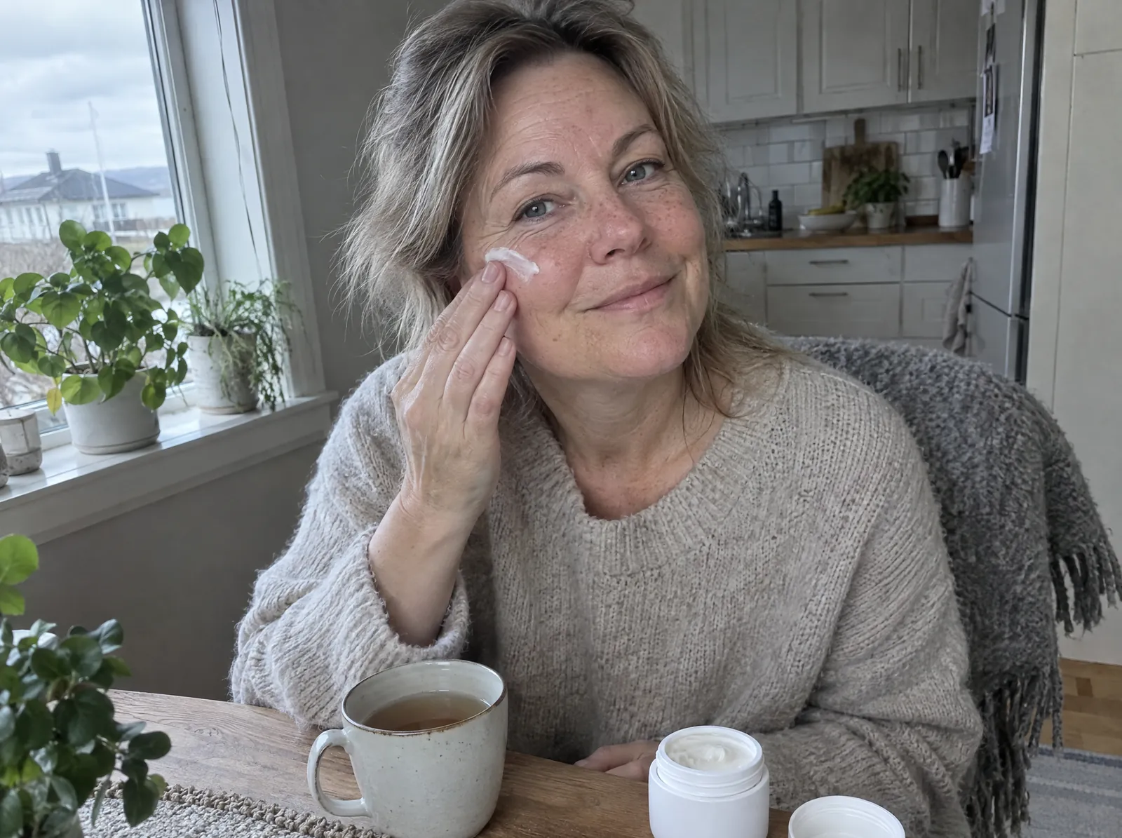 Kvinne i 50-årene sitter ved kjøkkenbordet med en kopp te og klapper fuktighetskrem inn på kinnbeinet.