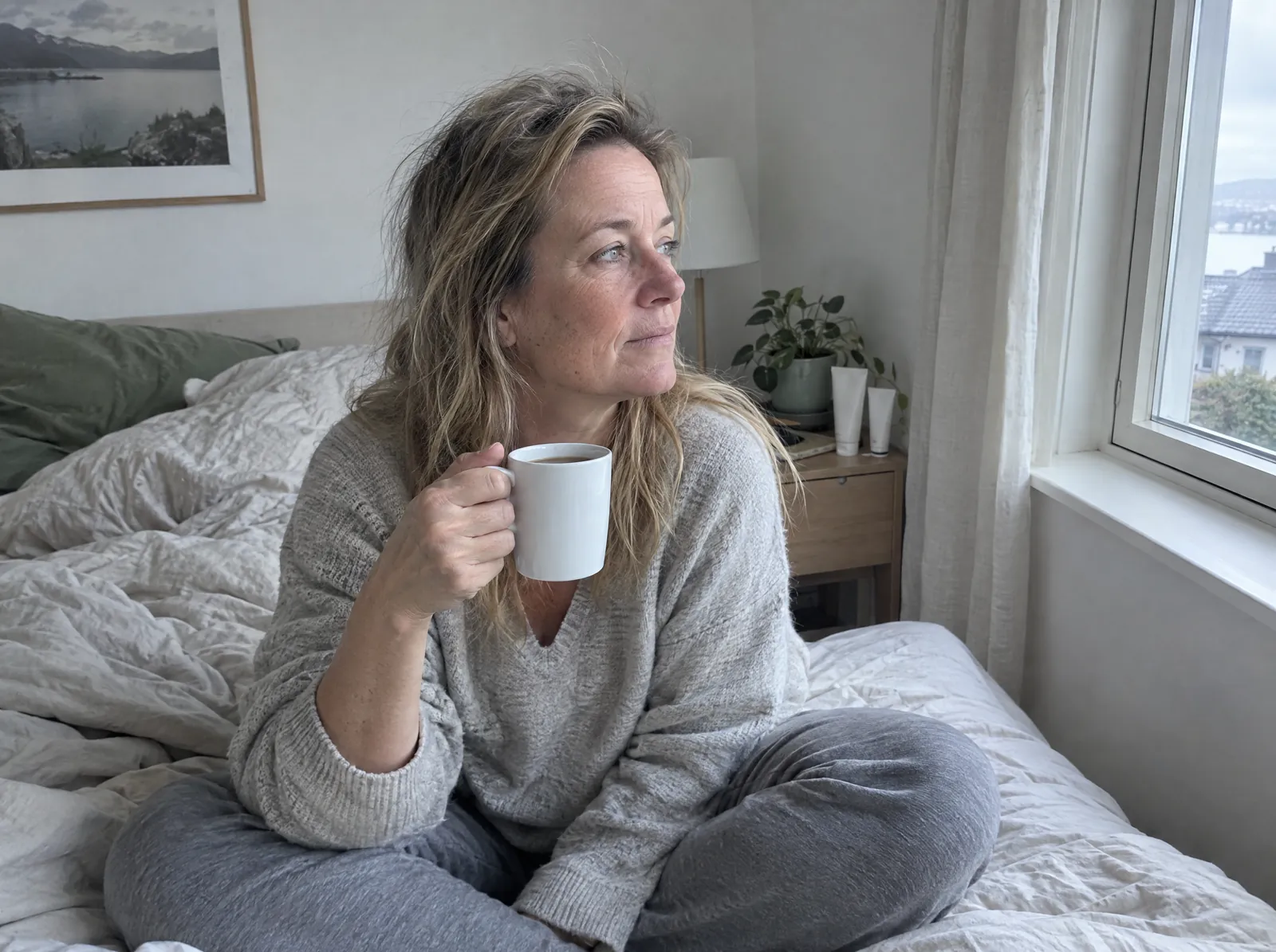 Kvinne sitter i senga en morgen med en kaffekopp og ser rolig ut av vinduet.