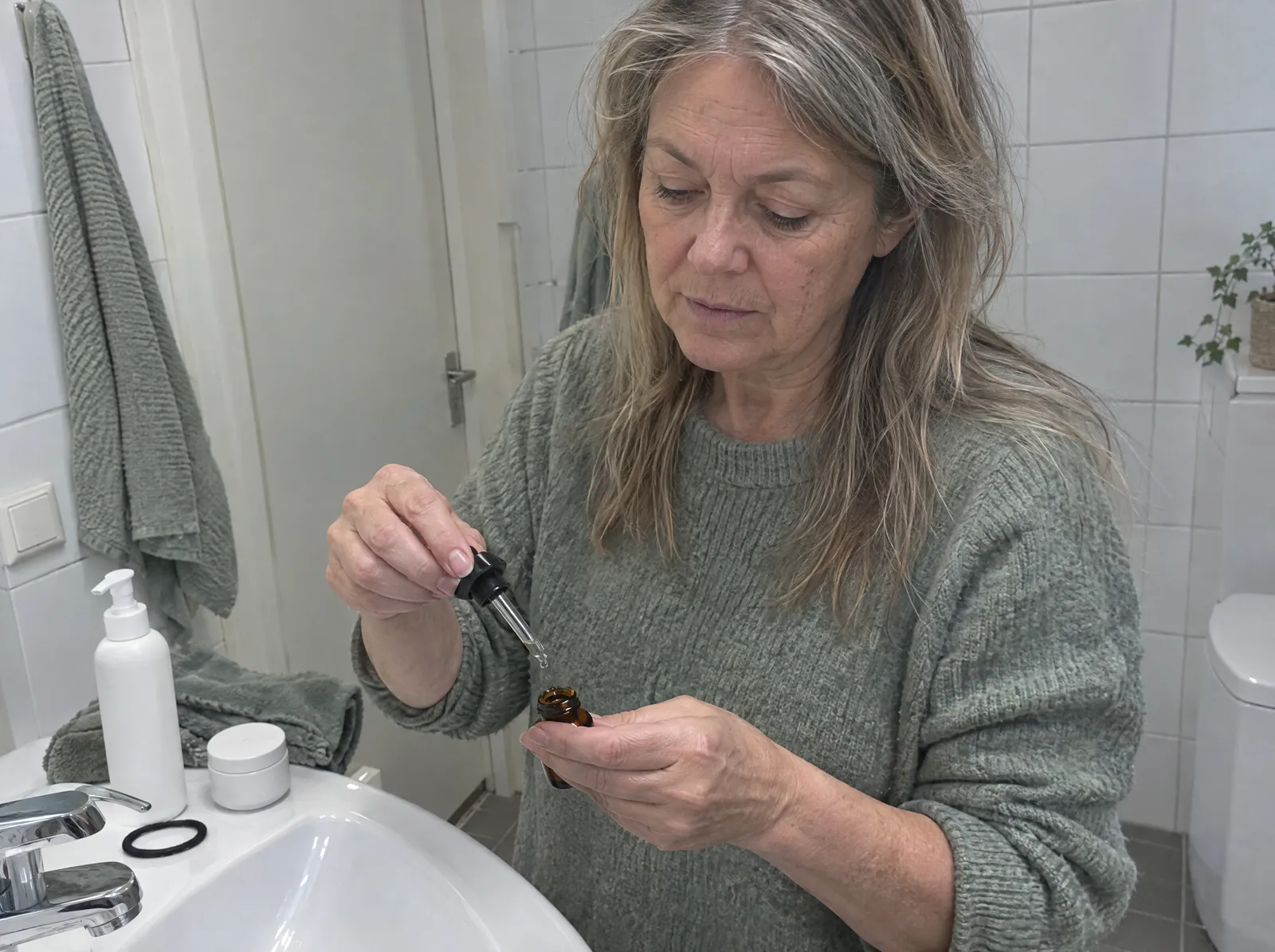 Kvinne i 60-årene står ved vasken og drypper serum fra en brun pipetteflaske på fingertuppene, med en pumpeflaske og en krukke på vaskekanten.