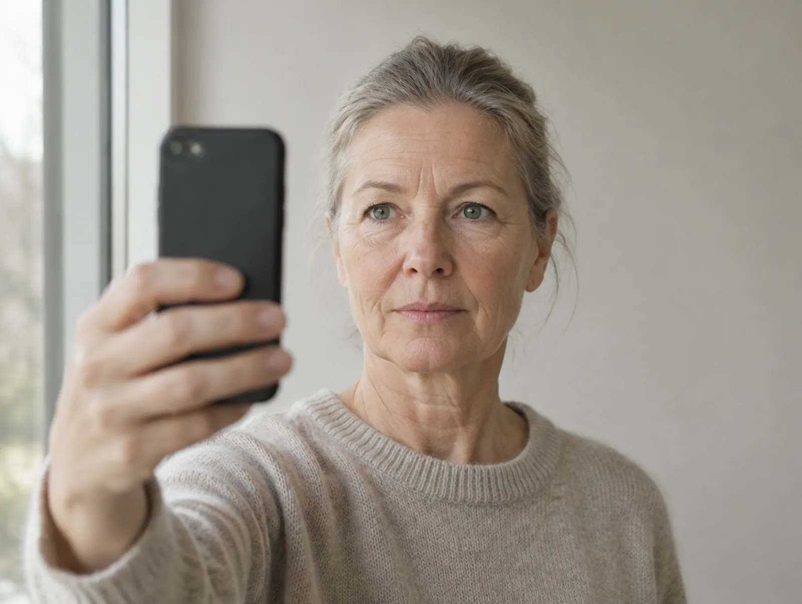 Kvinne i 60-årene står ved et stort vindu i mykt dagslys og tar et bilde av ansiktet sitt med mobilen på strak arm.